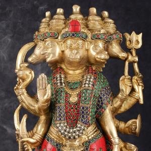 Brass Panch Mukhi Hanuman Statue 17.5" | Intricate Stonework | 12 kg Superfine Standing Idol | 8.5" Width, 4.5" Depth | Divine Presence for Spiritual Ambiance